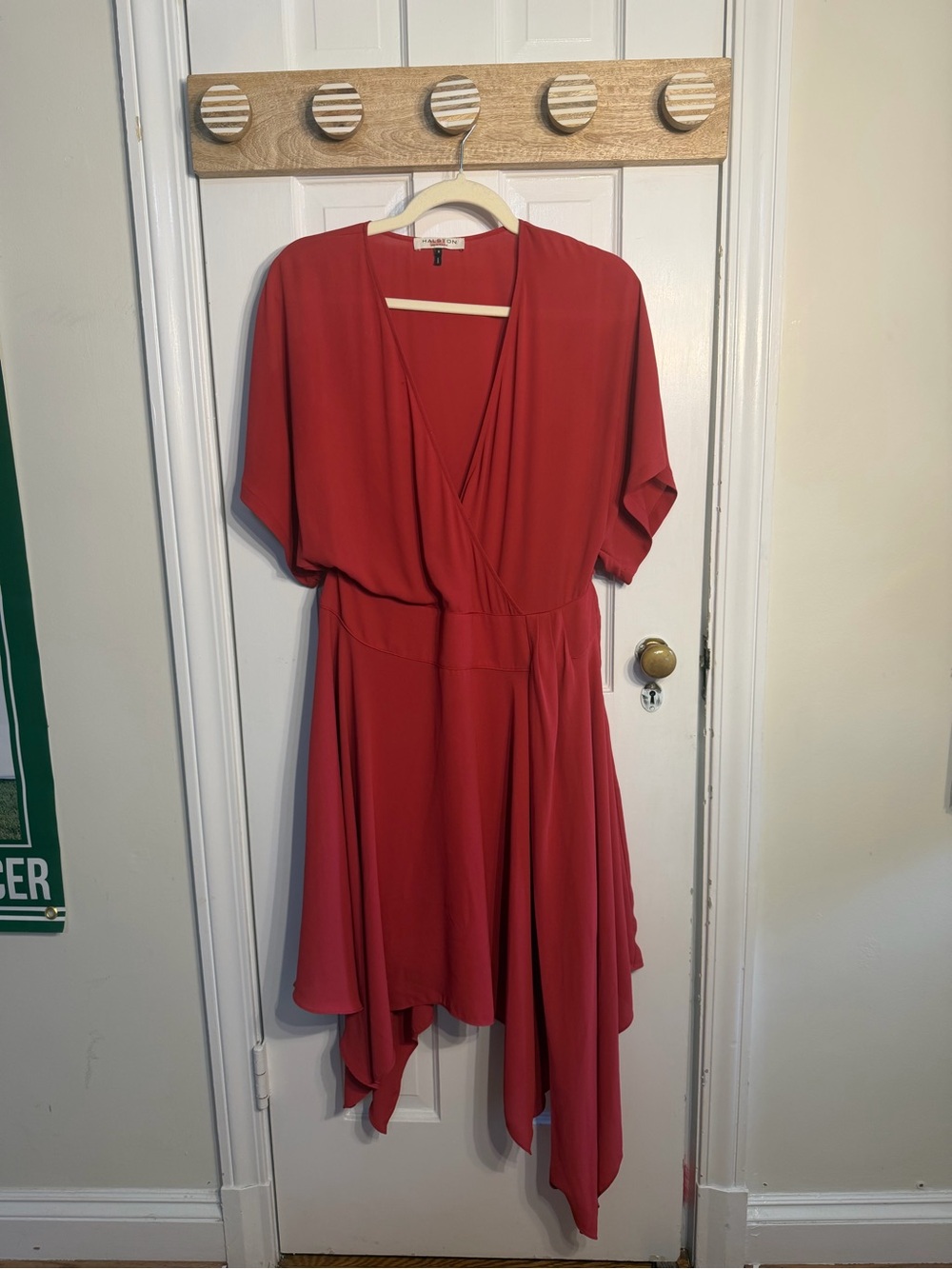 Halston Heritage Cayenne Red Faux Wrap Handkerchief Hem Dress 8